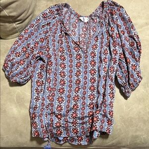 Women's Floral Stripe Puff-Sleeve Blouse in Light Blue and Red